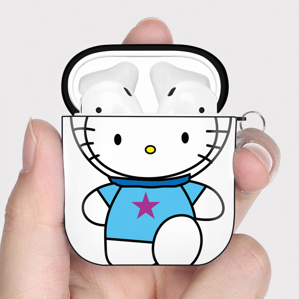 （画像用） Hello Kitty ハローキティ AirPods 第2世代保護ケース ハードシェル ブラック 耐衝撃・防指紋・カラビナ付き