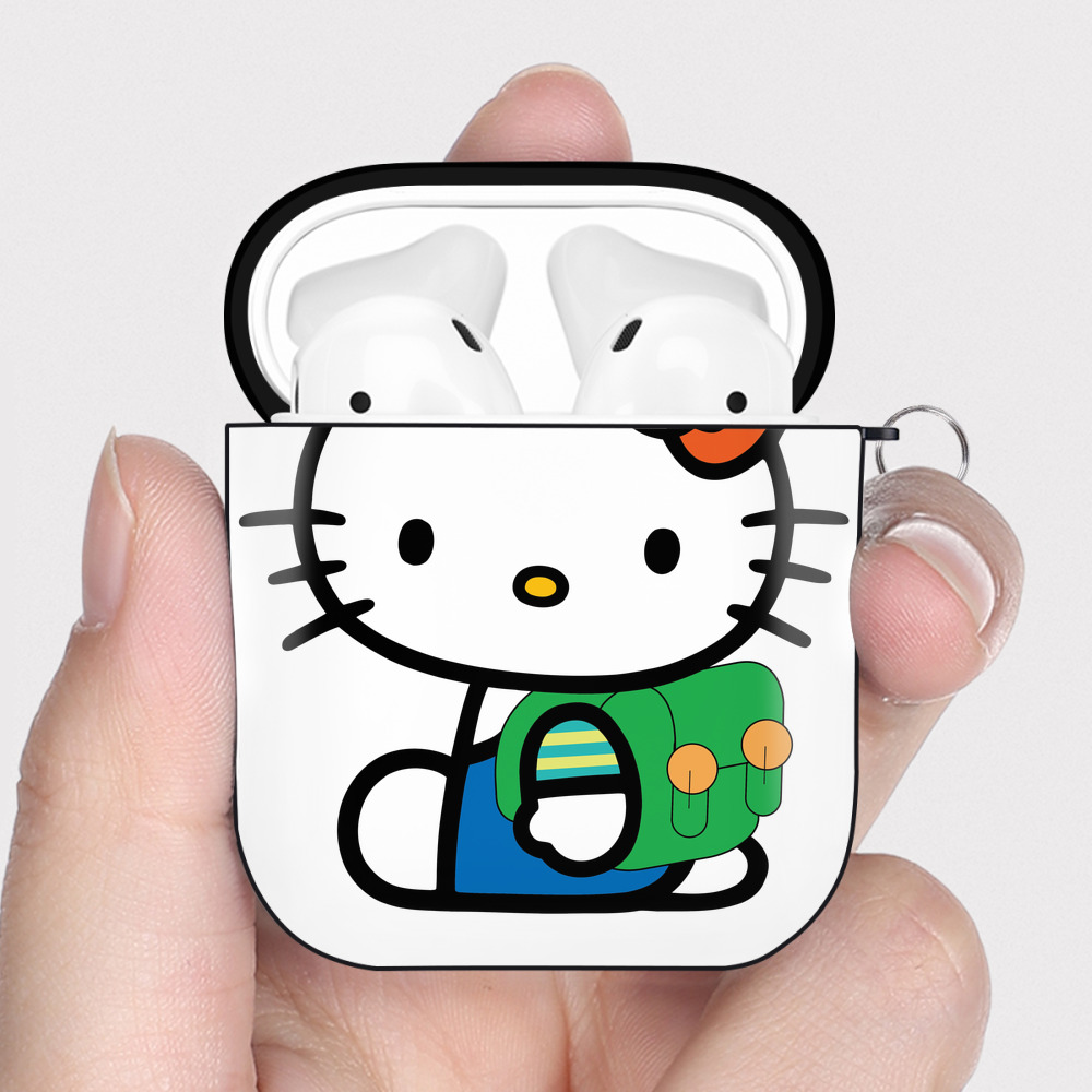 （画像用） Hello Kitty ハローキティ AirPods 第2世代保護ケース ハードシェル ブラック 耐衝撃・防指紋・カラビナ付き