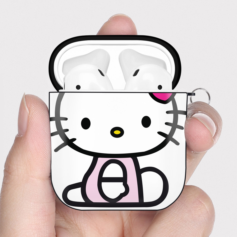（画像用） Hello Kitty ハローキティ AirPods 第2世代保護ケース ハードシェル ブラック 耐衝撃・防指紋・カラビナ付き
