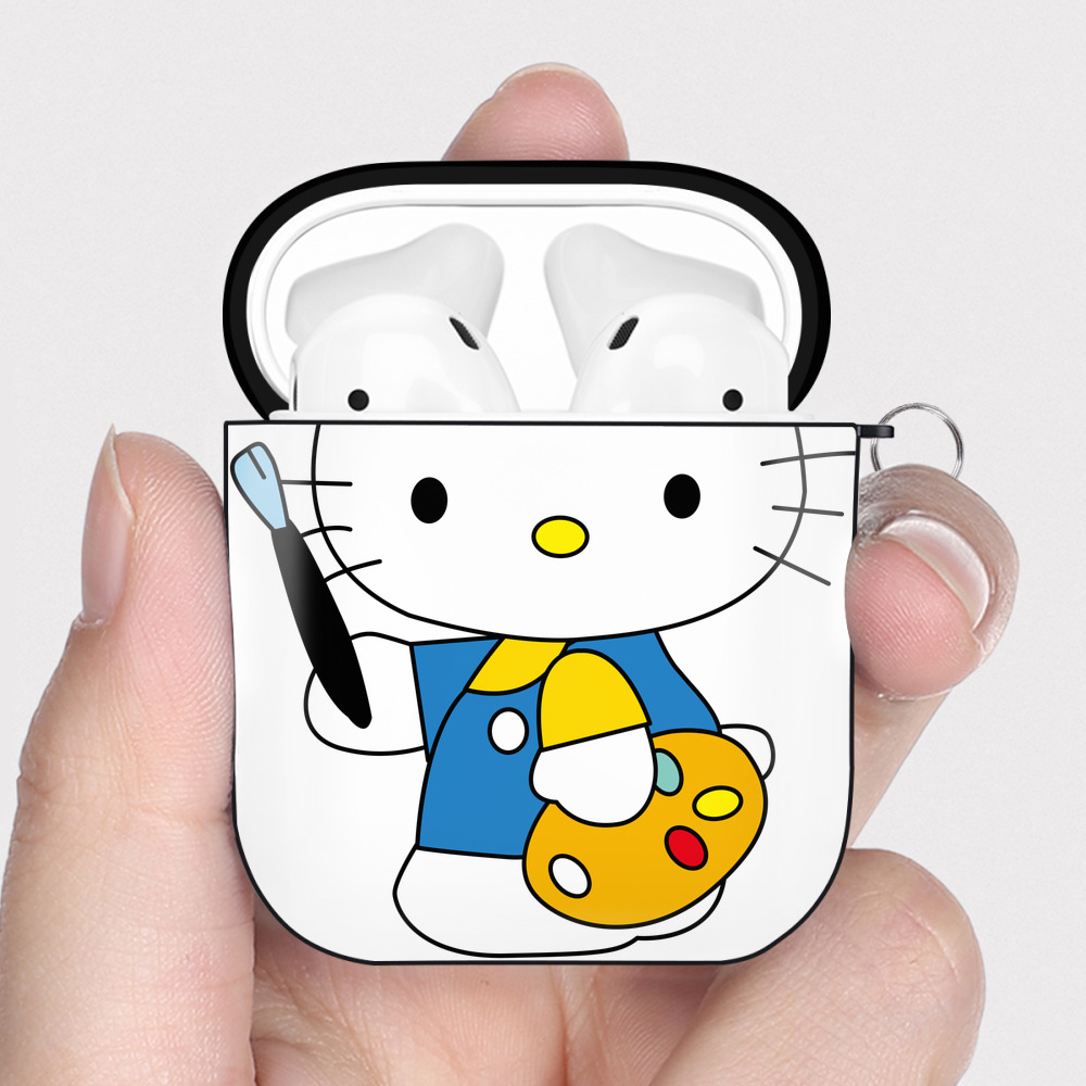 （画像用） Hello Kitty ハローキティ AirPods 第2世代保護ケース ハードシェル ブラック 耐衝撃・防指紋・カラビナ付き