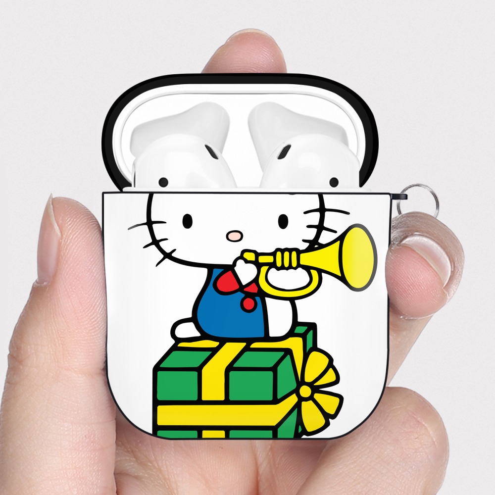 （画像用） Hello Kitty ハローキティ AirPods 第2世代保護ケース ハードシェル ブラック 耐衝撃・防指紋・カラビナ付き