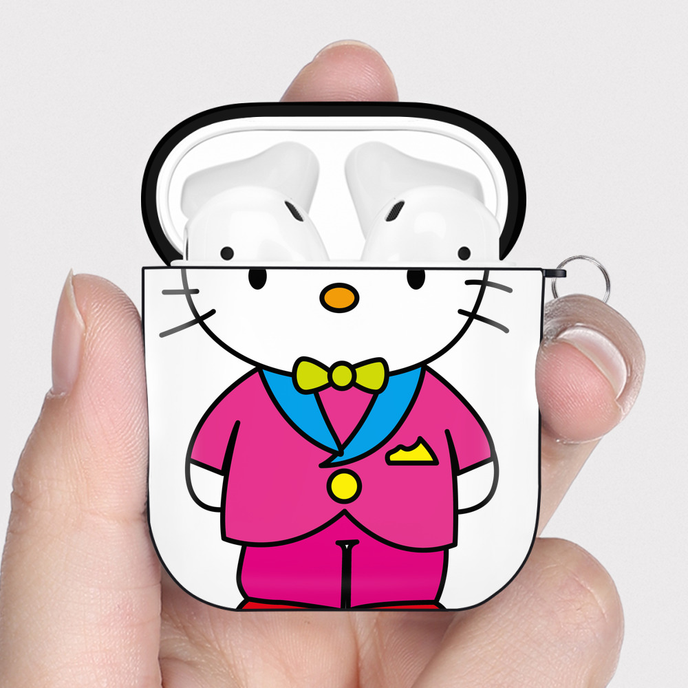 （画像用） Hello Kitty ハローキティ AirPods 第2世代保護ケース ハードシェル ブラック 耐衝撃・防指紋・カラビナ付き