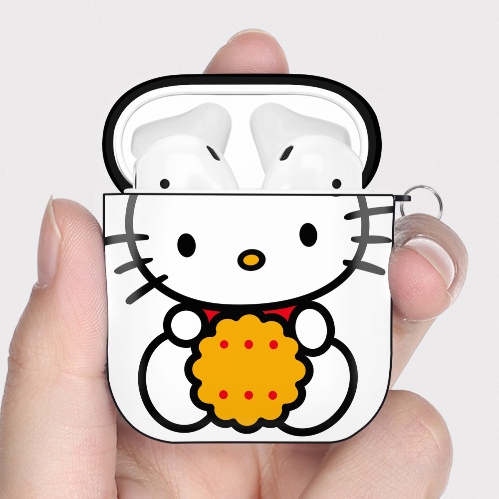 （画像用） Hello Kitty ハローキティ AirPods 第2世代保護ケース ハードシェル ブラック 耐衝撃・防指紋・カラビナ付き