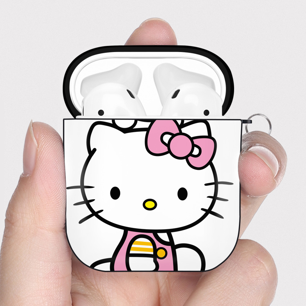 （画像用） Hello Kitty ハローキティ AirPods 第2世代保護ケース ハードシェル ブラック 耐衝撃・防指紋・カラビナ付き