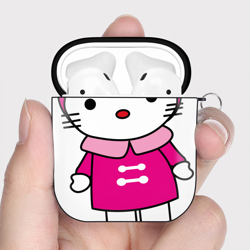 （画像用） Hello Kitty ハローキティ AirPods 第2世代保護ケース ハードシェル ブラック 耐衝撃・防指紋・カラビナ付き