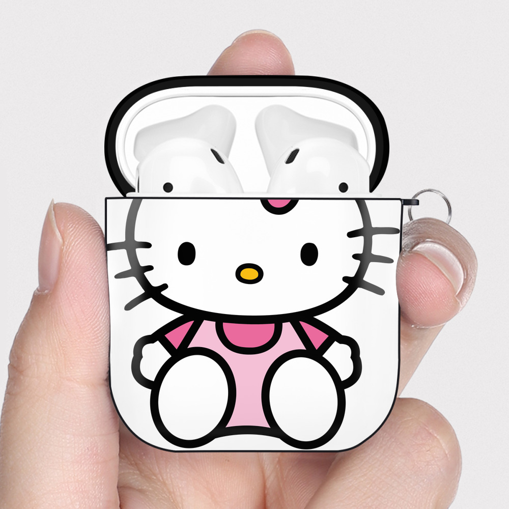 （画像用） Hello Kitty ハローキティ AirPods 第2世代保護ケース ハードシェル ブラック 耐衝撃・防指紋・カラビナ付き