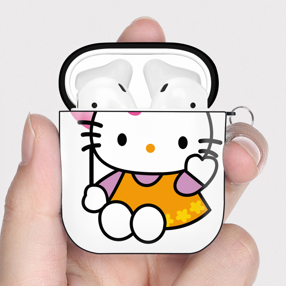 （画像用） Hello Kitty ハローキティ AirPods 第2世代保護ケース ハードシェル ブラック 耐衝撃・防指紋・カラビナ付き