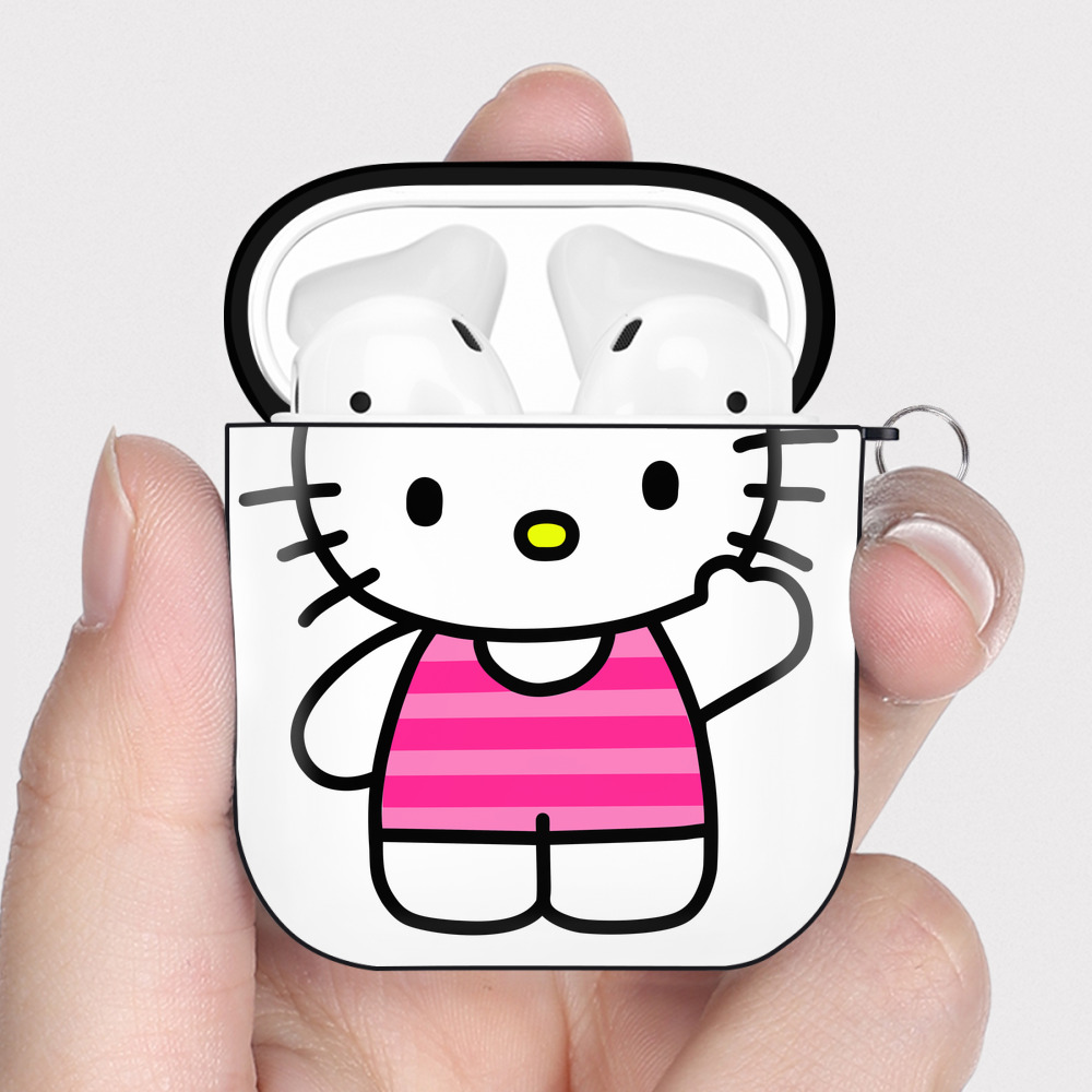（画像用） Hello Kitty ハローキティ AirPods 第2世代保護ケース ハードシェル ブラック 耐衝撃・防指紋・カラビナ付き