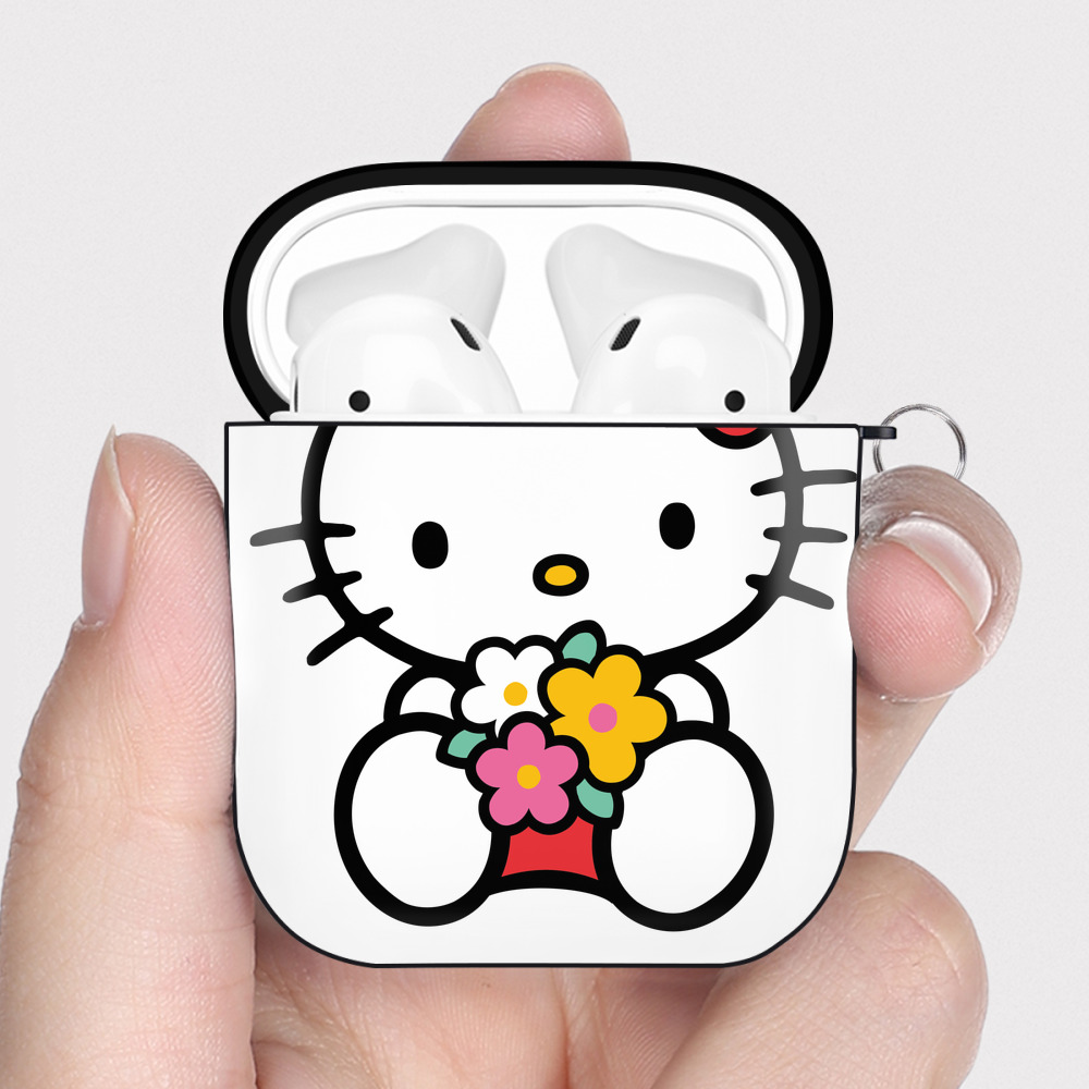 （画像用） Hello Kitty ハローキティ AirPods 第2世代保護ケース ハードシェル ブラック 耐衝撃・防指紋・カラビナ付き