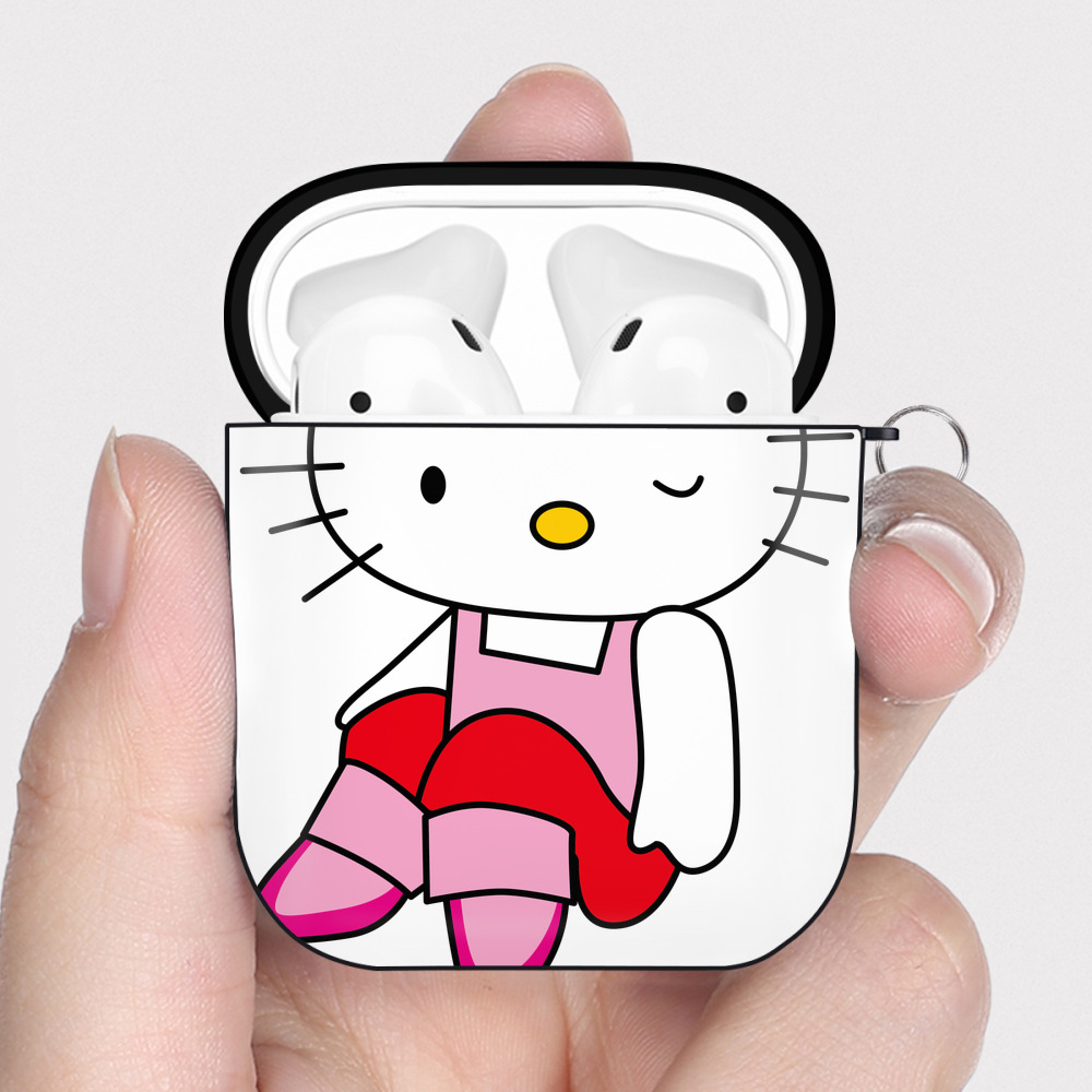 （画像用） Hello Kitty ハローキティ AirPods 第2世代保護ケース ハードシェル ブラック 耐衝撃・防指紋・カラビナ付き