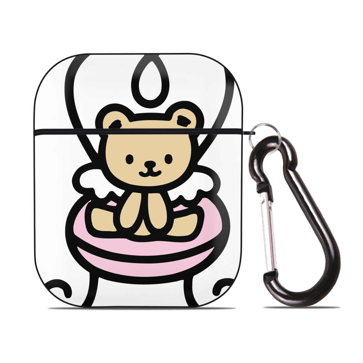 （画像用） Hello Kitty ハローキティ AirPods 第2世代保護ケース ハードシェル ブラック 耐衝撃・防指紋・カラビナ付き
