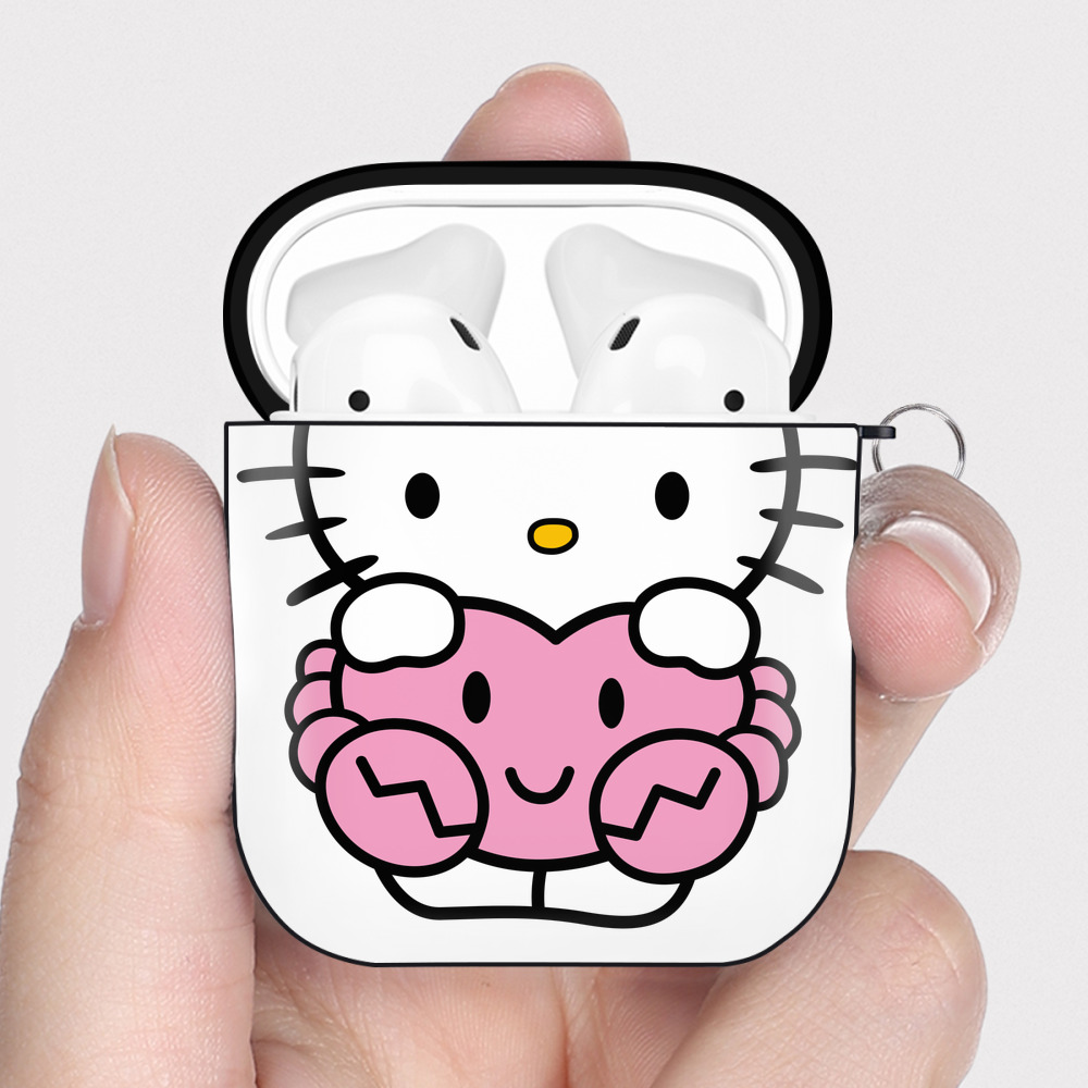 （画像用） Hello Kitty ハローキティ AirPods 第2世代保護ケース ハードシェル ブラック 耐衝撃・防指紋・カラビナ付き