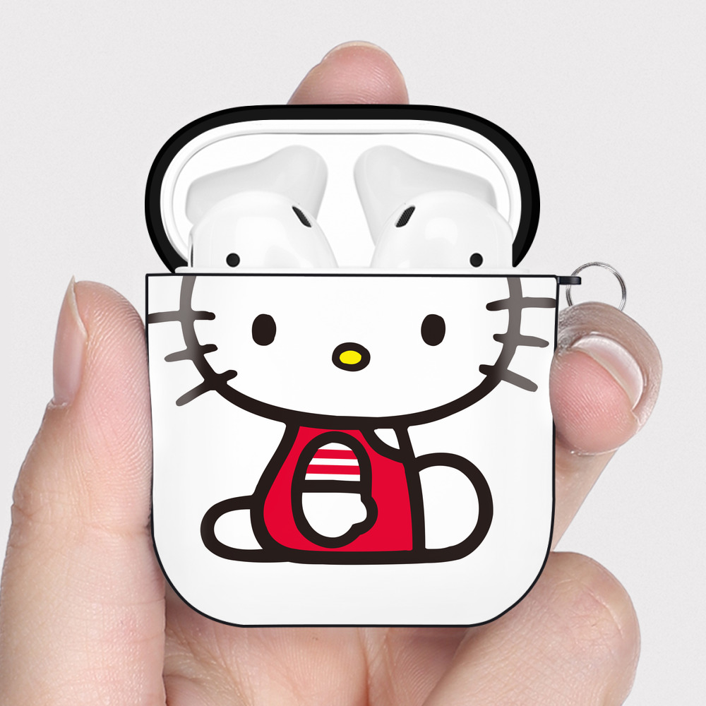 （画像用） Hello Kitty ハローキティ AirPods 第2世代保護ケース ハードシェル ブラック 耐衝撃・防指紋・カラビナ付き
