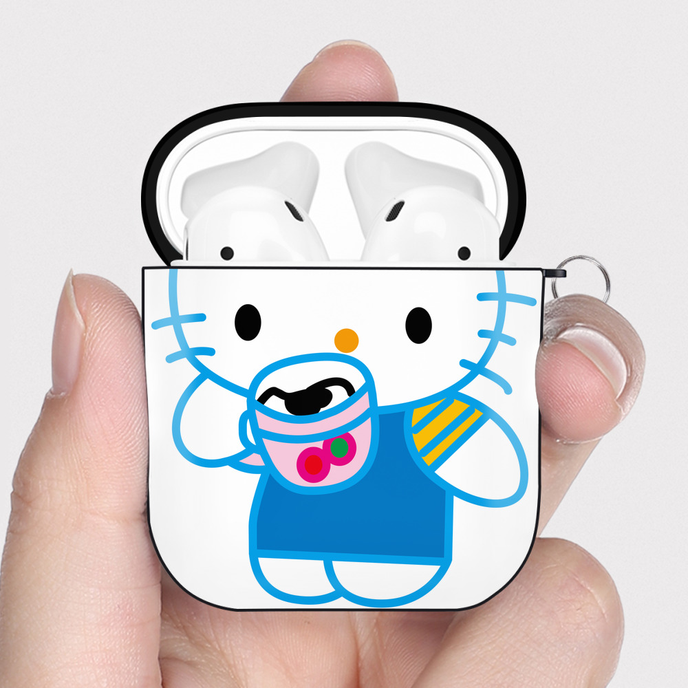 （画像用） Hello Kitty ハローキティ AirPods 第2世代保護ケース ハードシェル ブラック 耐衝撃・防指紋・カラビナ付き