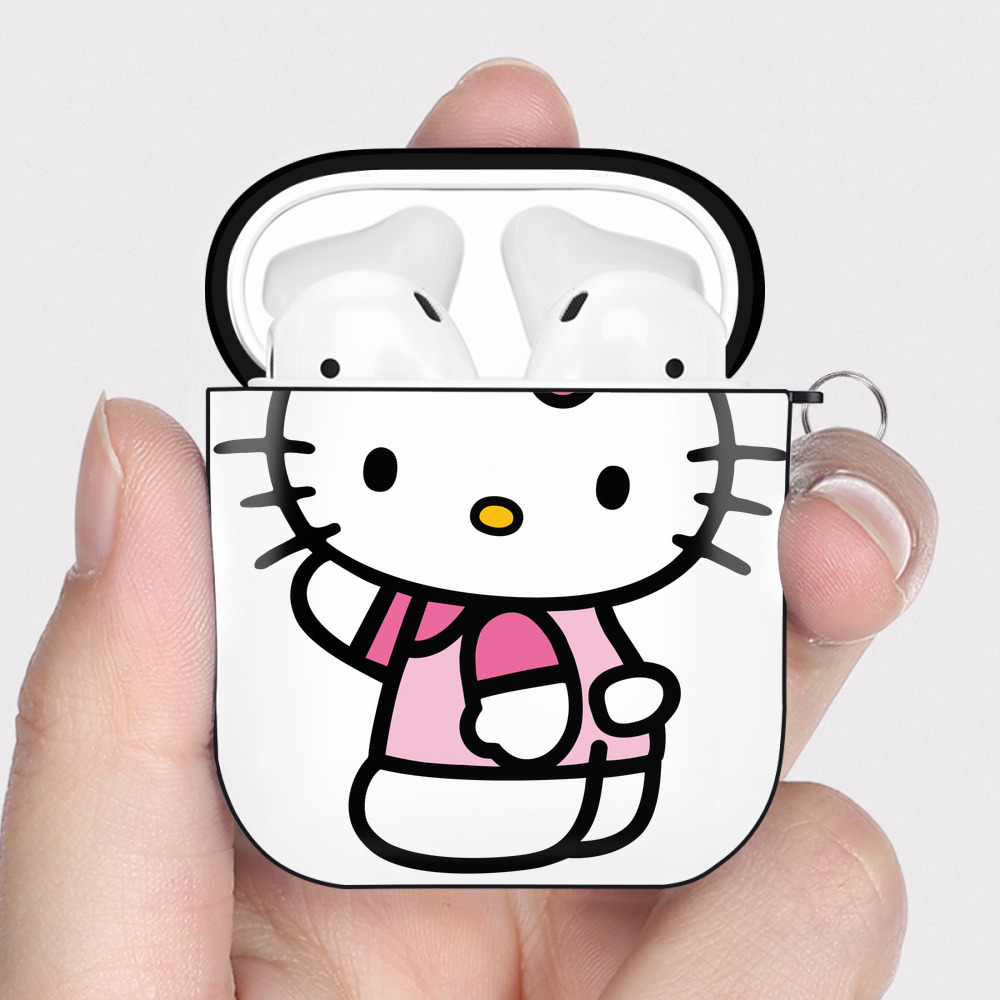 （画像用） Hello Kitty ハローキティ AirPods 第2世代保護ケース ハードシェル ブラック 耐衝撃・防指紋・カラビナ付き