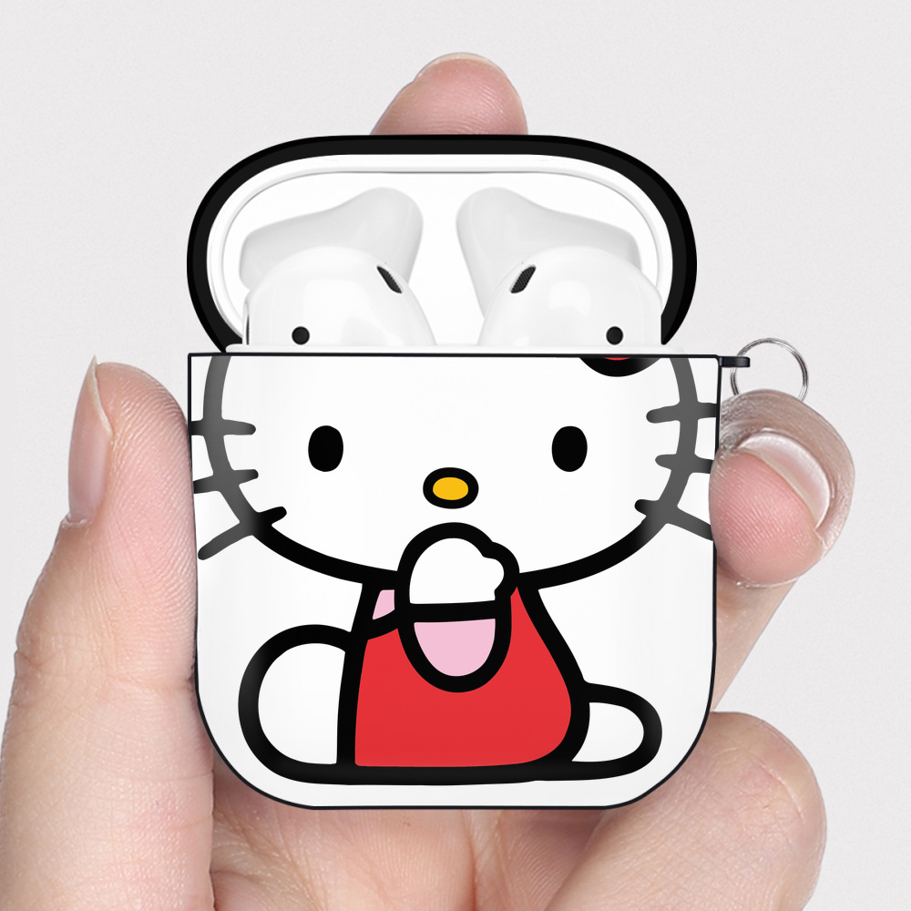 （画像用） Hello Kitty ハローキティ AirPods 第2世代保護ケース ハードシェル ブラック 耐衝撃・防指紋・カラビナ付き