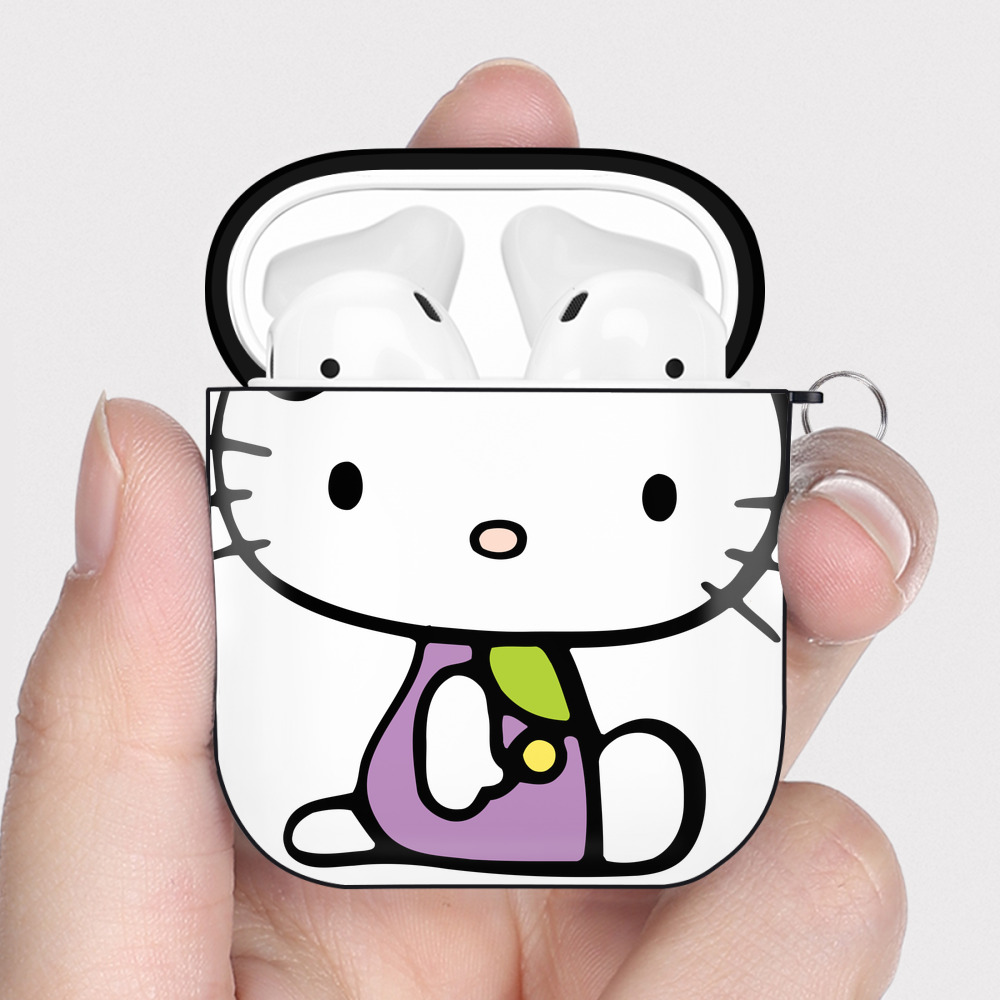 （画像用） Hello Kitty ハローキティ AirPods 第2世代保護ケース ハードシェル ブラック 耐衝撃・防指紋・カラビナ付き