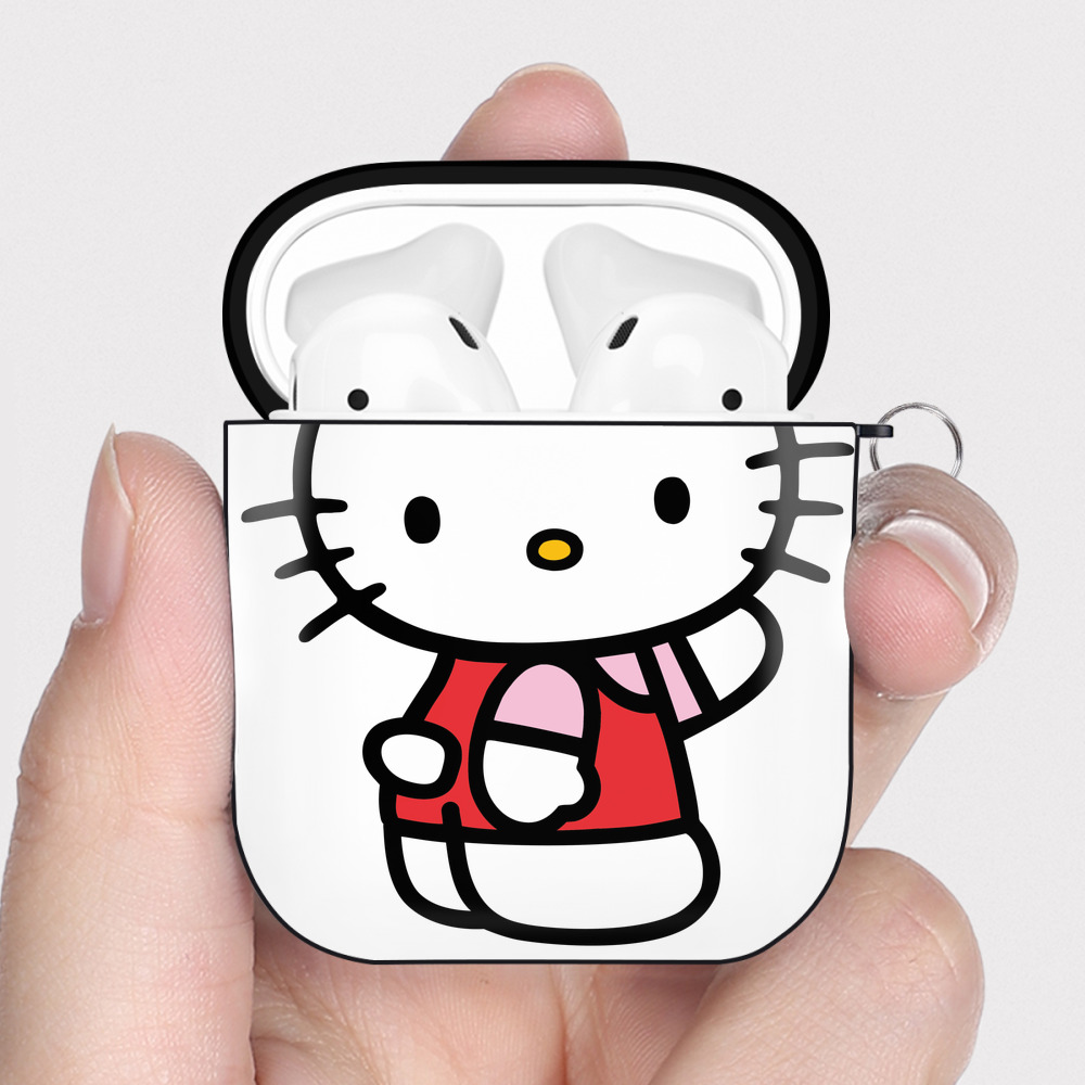 （画像用） Hello Kitty ハローキティ AirPods 第2世代保護ケース ハードシェル ブラック 耐衝撃・防指紋・カラビナ付き