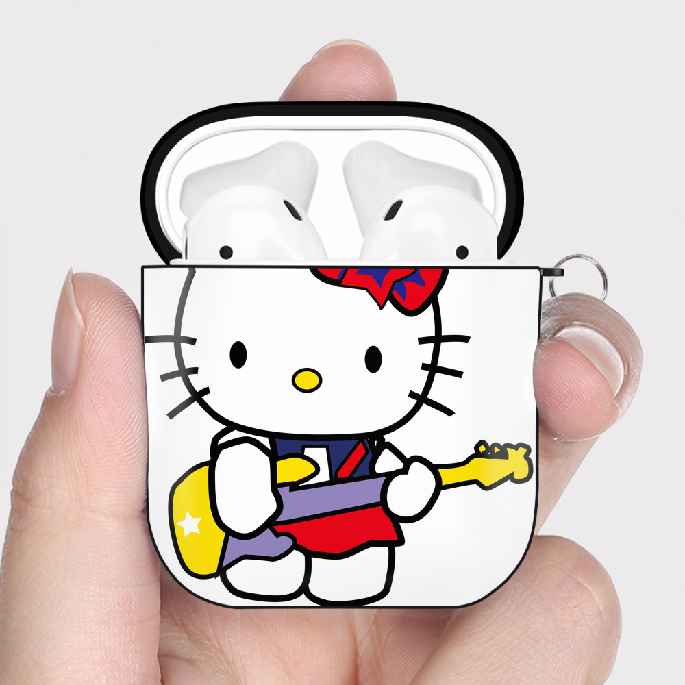 （画像用） Hello Kitty ハローキティ AirPods 第2世代保護ケース ハードシェル ブラック 耐衝撃・防指紋・カラビナ付き