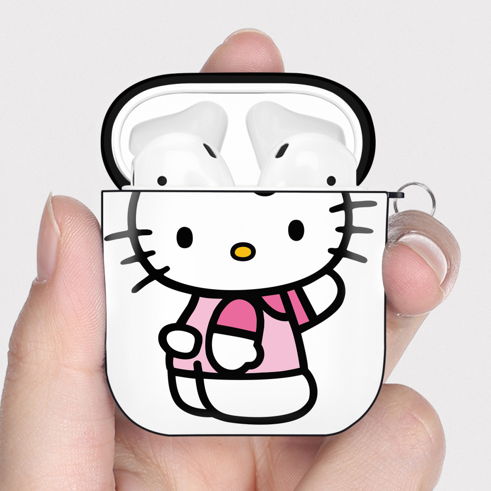 （画像用） Hello Kitty ハローキティ AirPods 第2世代保護ケース ハードシェル ブラック 耐衝撃・防指紋・カラビナ付き