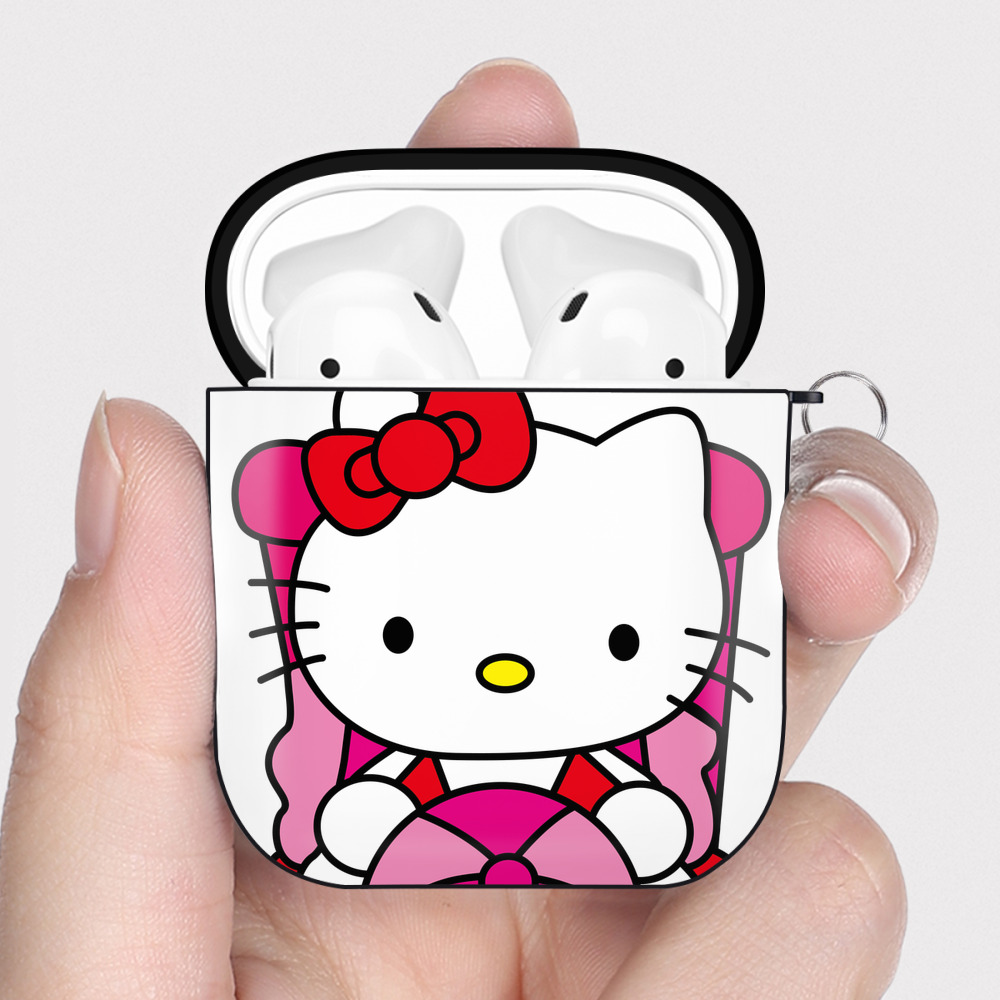 （画像用） Hello Kitty ハローキティ AirPods 第2世代保護ケース ハードシェル ブラック 耐衝撃・防指紋・カラビナ付き