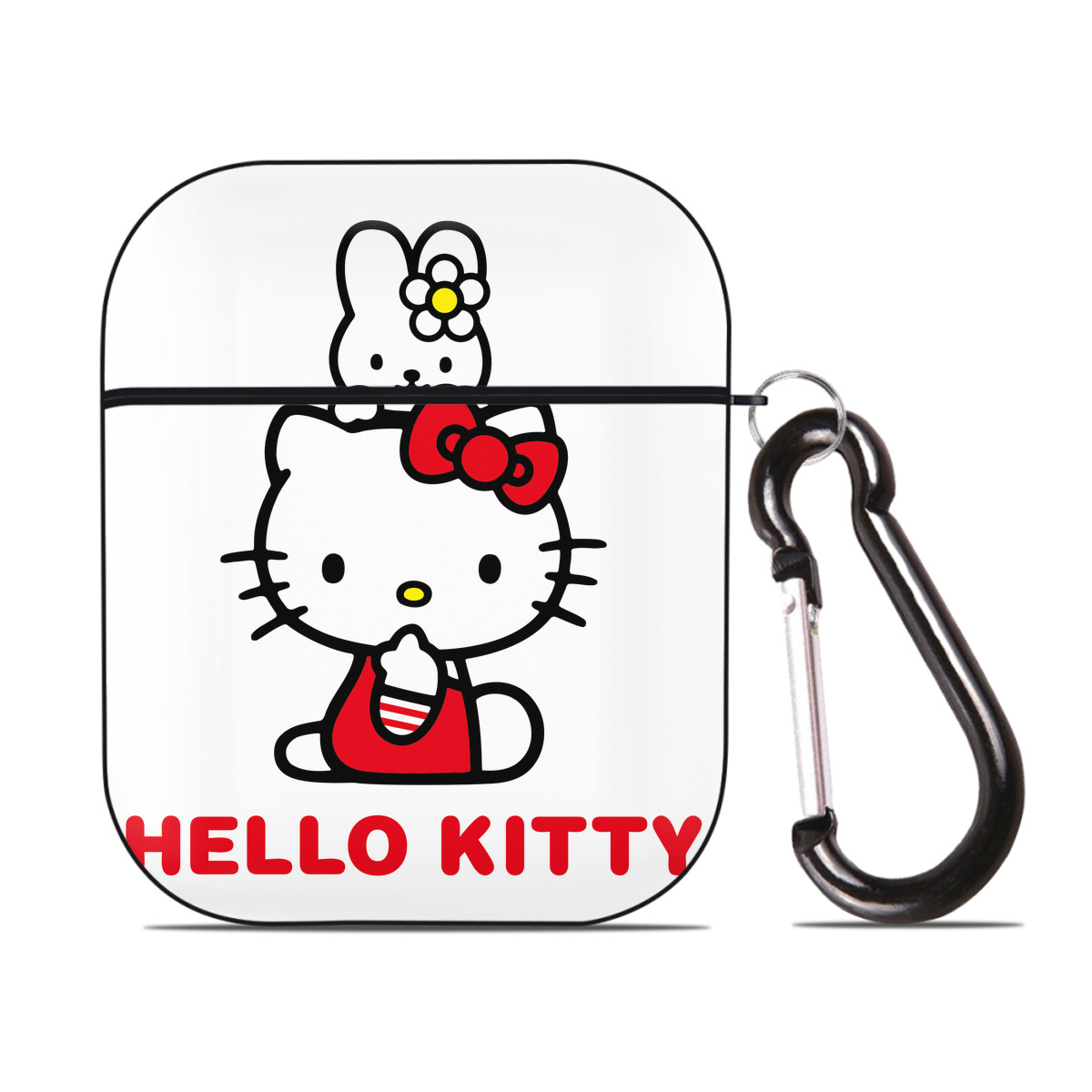 （画像用） Hello Kitty ハローキティ AirPods 第2世代保護ケース ハードシェル ブラック 耐衝撃・防指紋・カラビナ付き