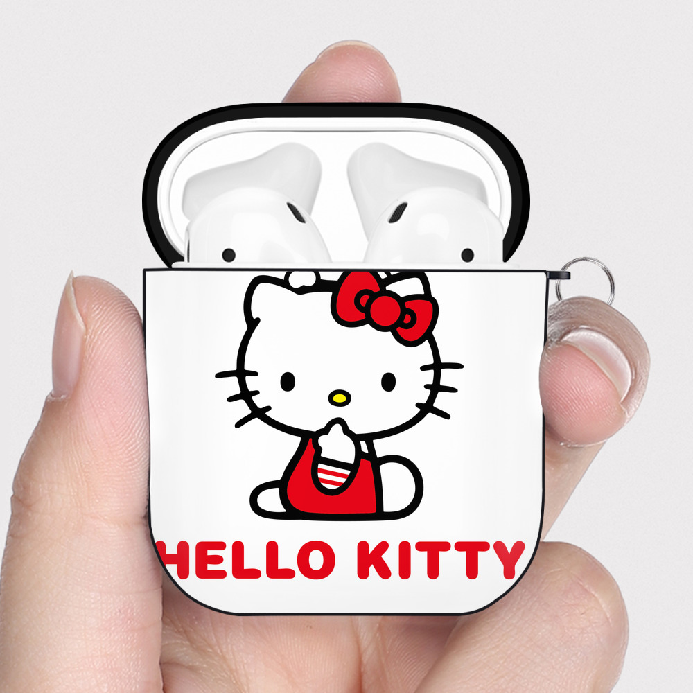 （画像用） Hello Kitty ハローキティ AirPods 第2世代保護ケース ハードシェル ブラック 耐衝撃・防指紋・カラビナ付き