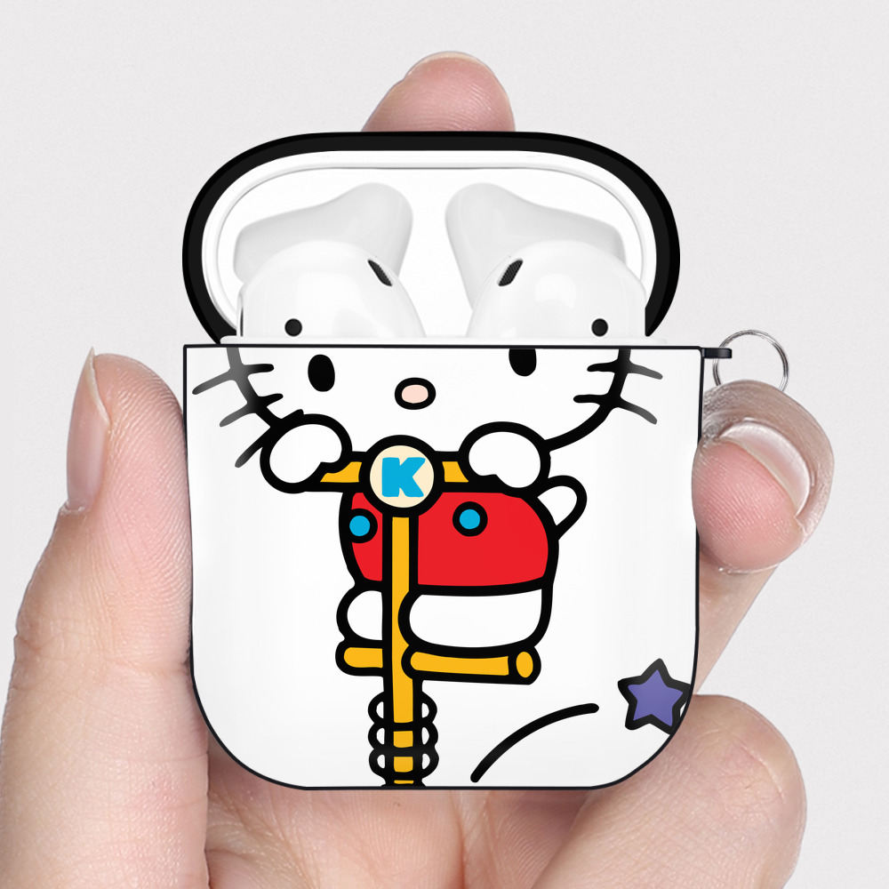 （画像用） Hello Kitty ハローキティ AirPods 第2世代保護ケース ハードシェル ブラック 耐衝撃・防指紋・カラビナ付き
