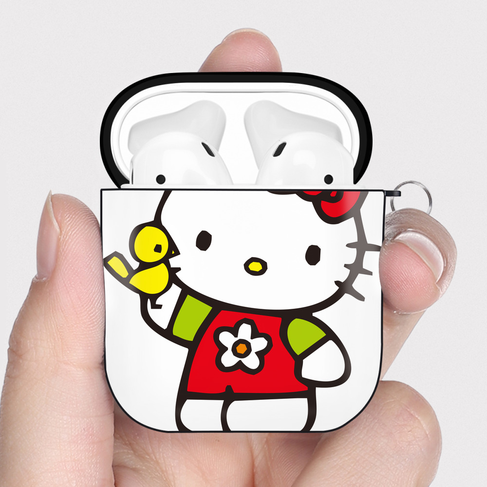 （画像用） Hello Kitty ハローキティ AirPods 第2世代保護ケース ハードシェル ブラック 耐衝撃・防指紋・カラビナ付き