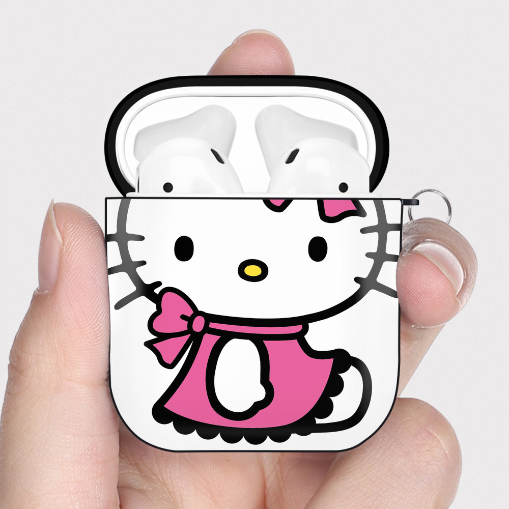 （画像用） Hello Kitty ハローキティ AirPods 第2世代保護ケース ハードシェル ブラック 耐衝撃・防指紋・カラビナ付き