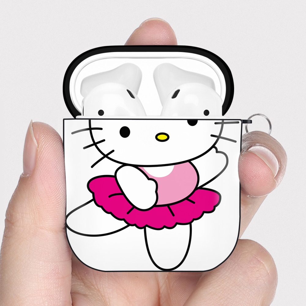 （画像用） Hello Kitty ハローキティ AirPods 第2世代保護ケース ハードシェル ブラック 耐衝撃・防指紋・カラビナ付き
