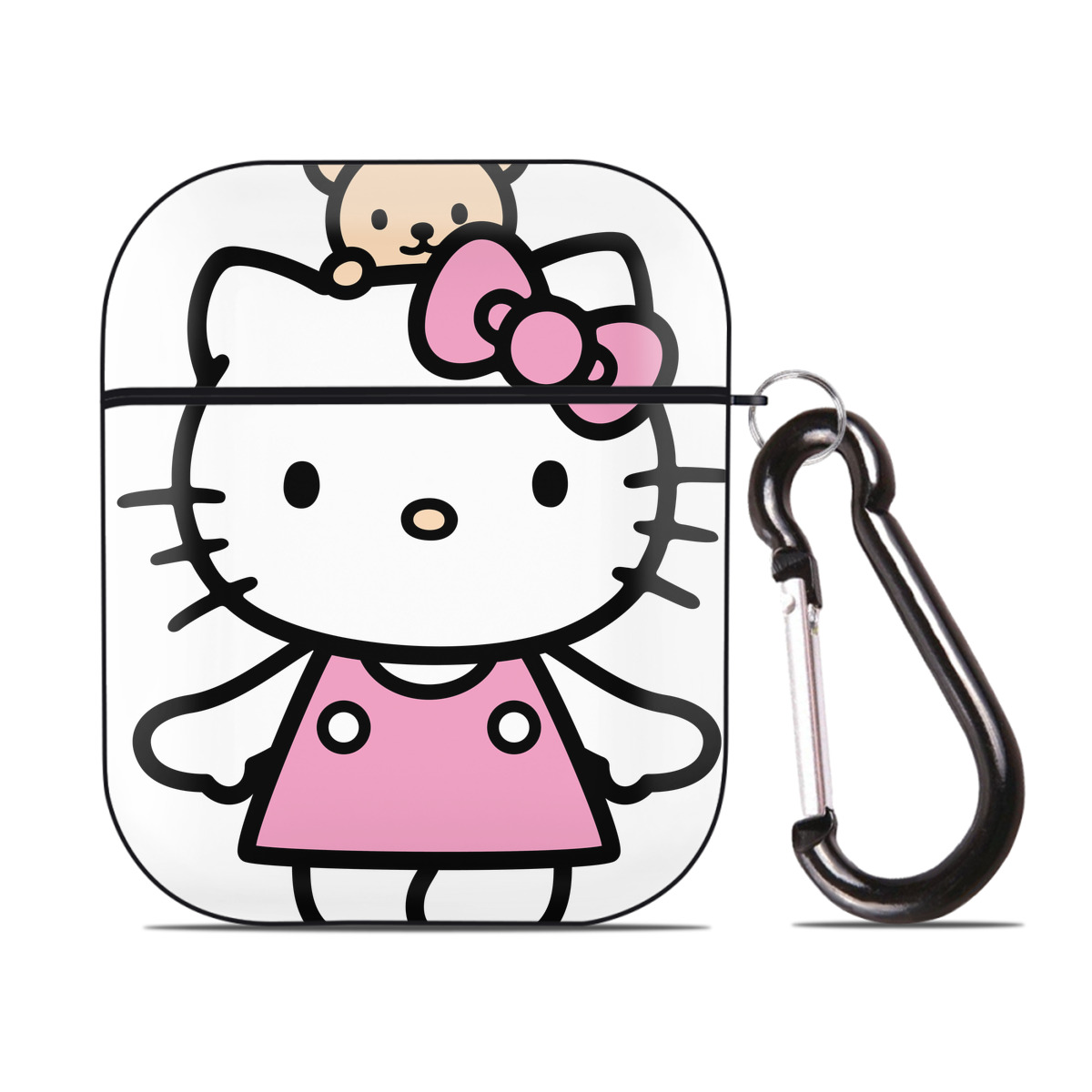 （画像用） Hello Kitty ハローキティ AirPods 第2世代保護ケース ハードシェル ブラック 耐衝撃・防指紋・カラビナ付き