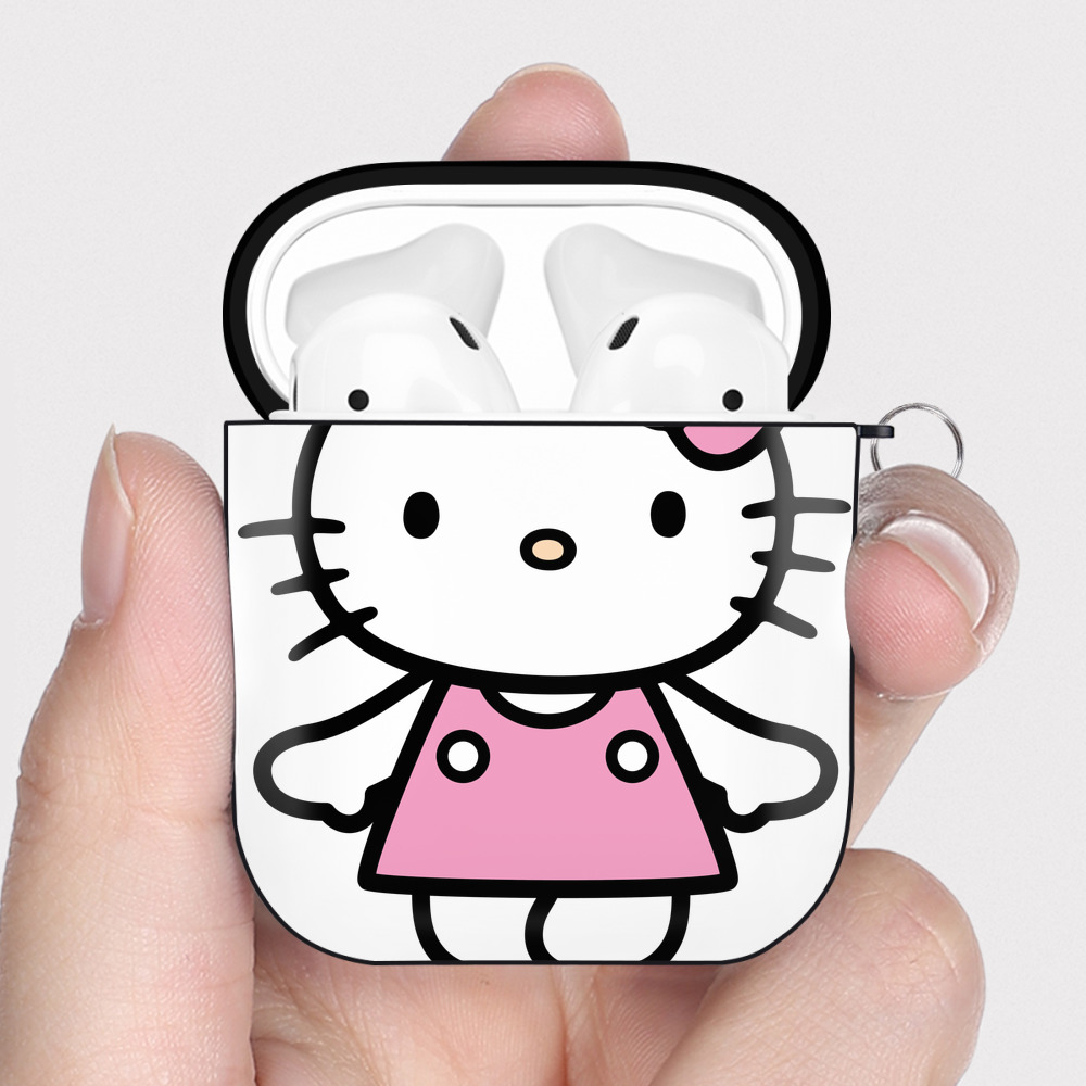 （画像用） Hello Kitty ハローキティ AirPods 第2世代保護ケース ハードシェル ブラック 耐衝撃・防指紋・カラビナ付き