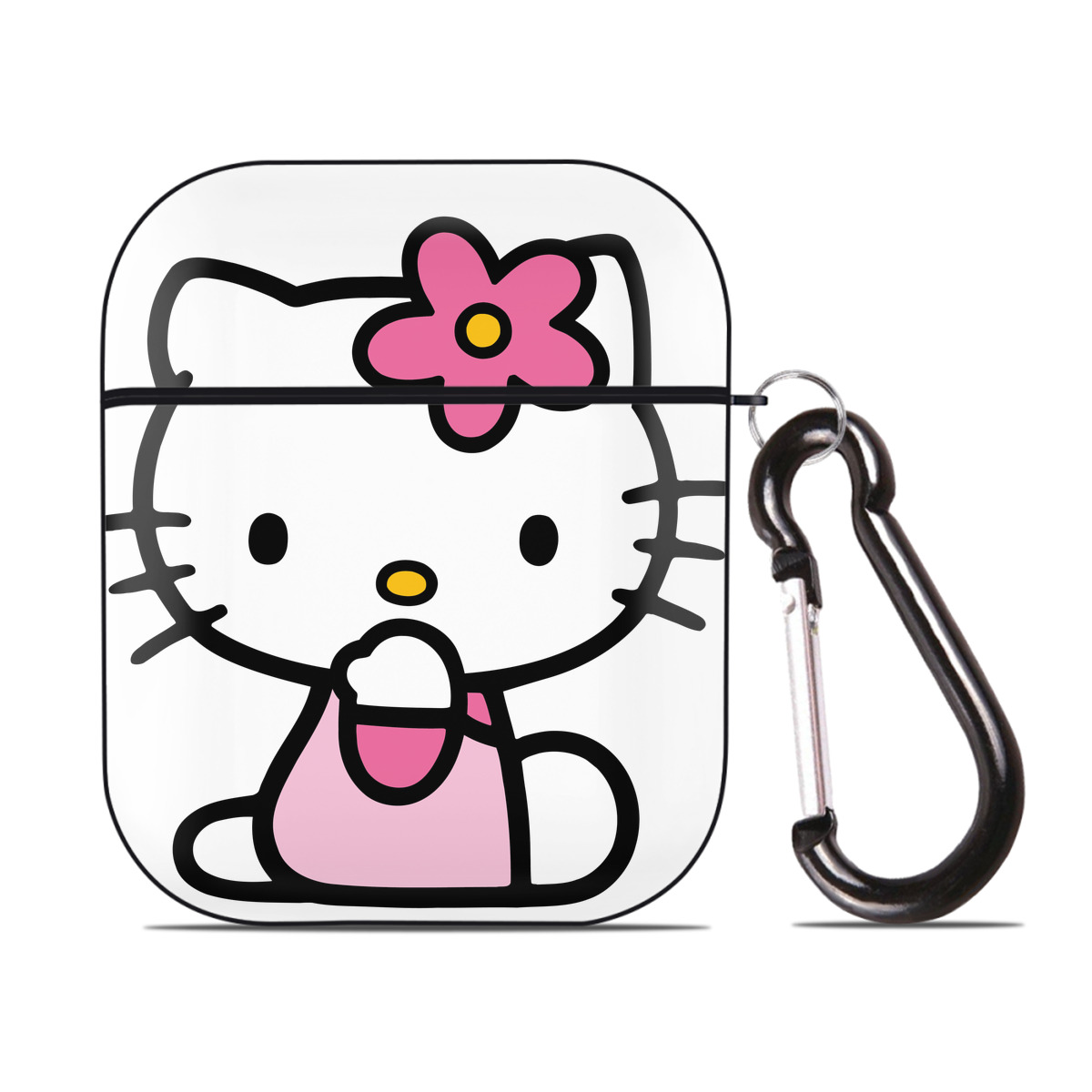 （画像用） Hello Kitty ハローキティ AirPods 第2世代保護ケース ハードシェル ブラック 耐衝撃・防指紋・カラビナ付き