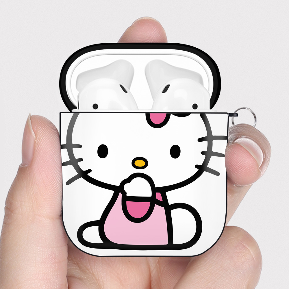 （画像用） Hello Kitty ハローキティ AirPods 第2世代保護ケース ハードシェル ブラック 耐衝撃・防指紋・カラビナ付き