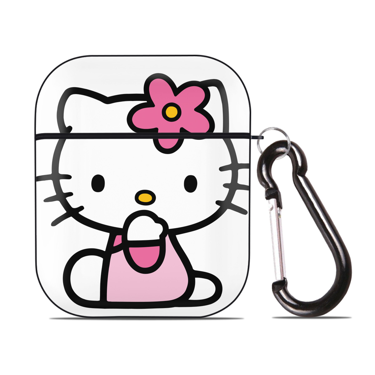 （画像用） Hello Kitty ハローキティ AirPods 第2世代保護ケース ハードシェル ブラック 耐衝撃・防指紋・カラビナ付き