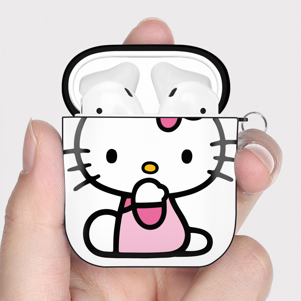 （画像用） Hello Kitty ハローキティ AirPods 第2世代保護ケース ハードシェル ブラック 耐衝撃・防指紋・カラビナ付き