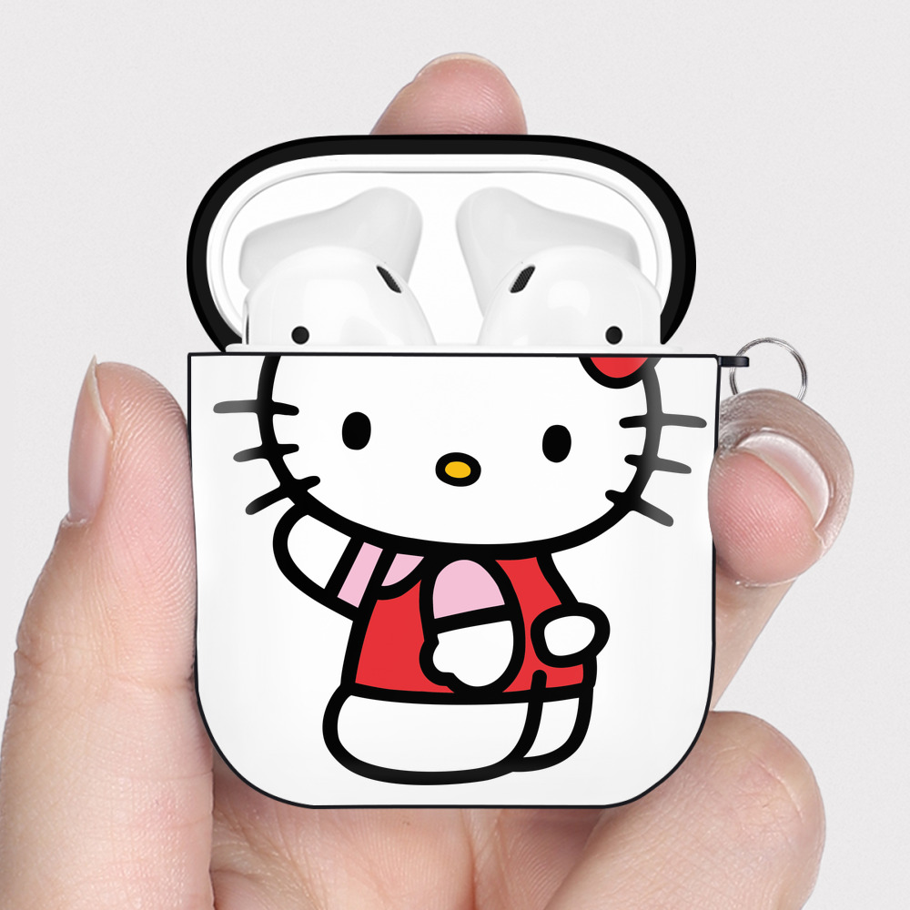 （画像用） Hello Kitty ハローキティ AirPods 第2世代保護ケース ハードシェル ブラック 耐衝撃・防指紋・カラビナ付き