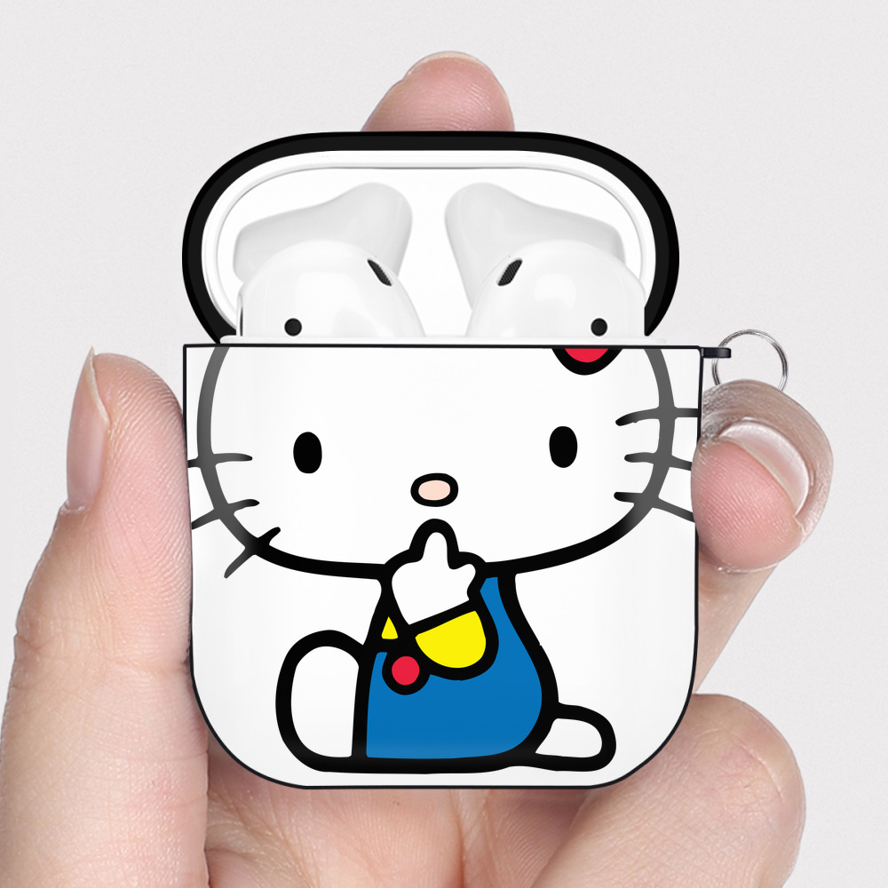 （画像用） Hello Kitty ハローキティ AirPods 第2世代保護ケース ハードシェル ブラック 耐衝撃・防指紋・カラビナ付き