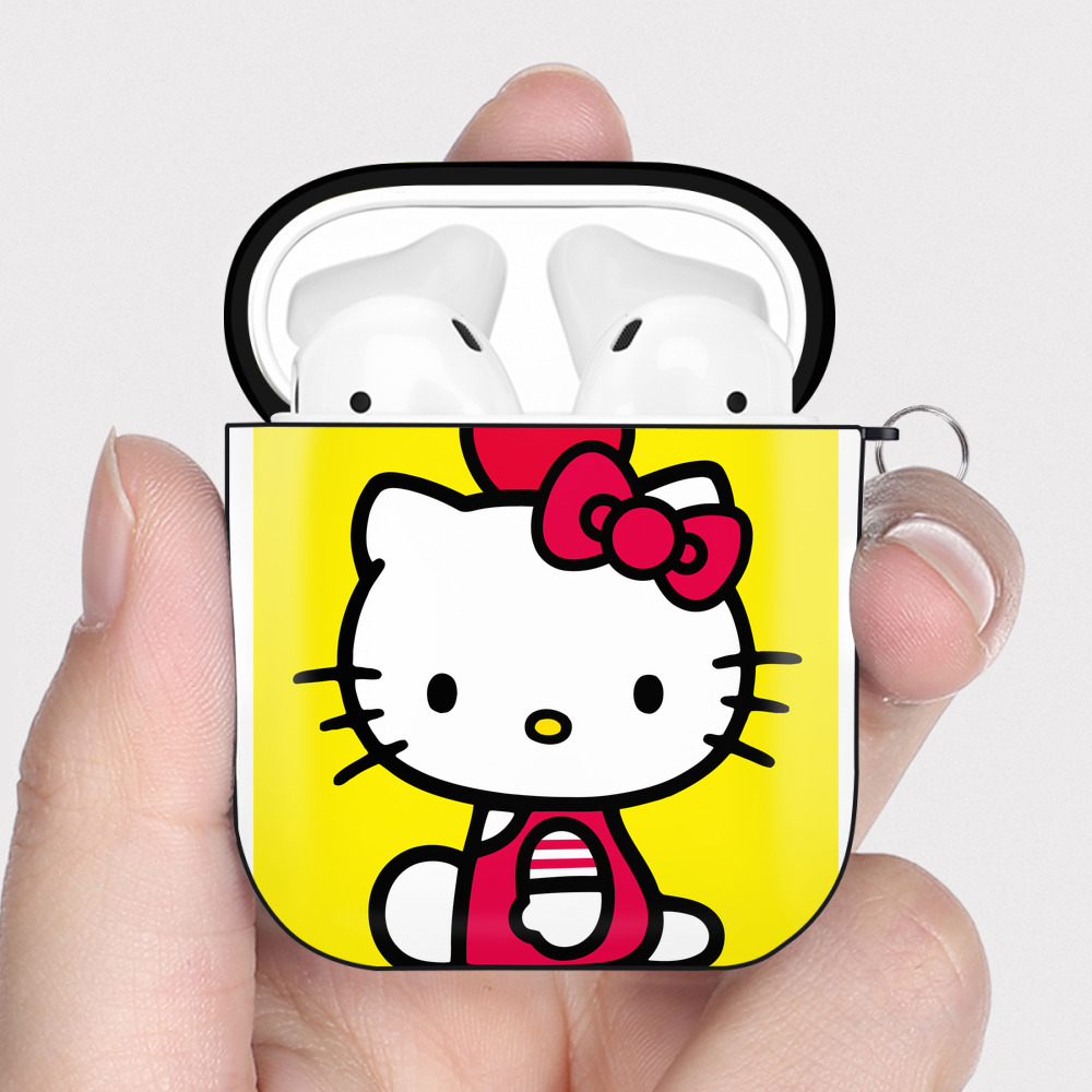 （画像用） Hello Kitty ハローキティ AirPods 第2世代保護ケース ハードシェル ブラック 耐衝撃・防指紋・カラビナ付き