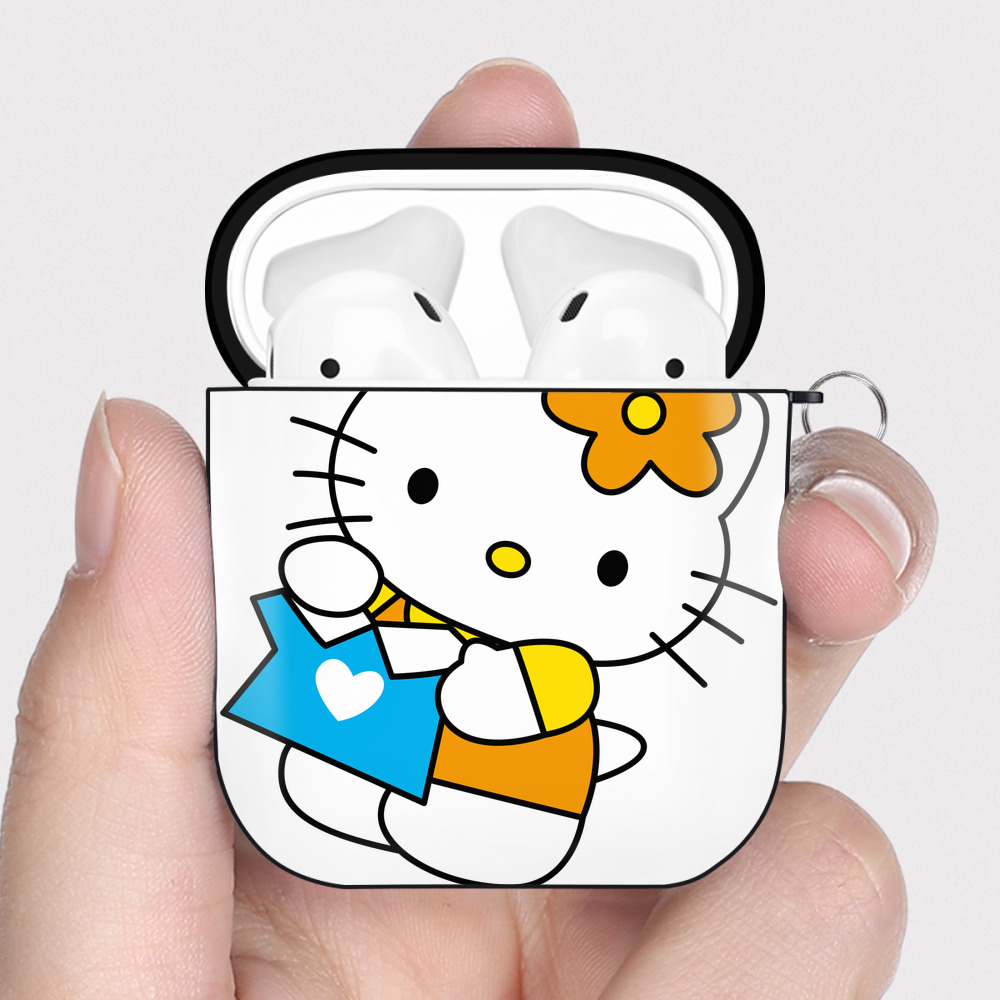 （画像用） Hello Kitty ハローキティ AirPods 第2世代保護ケース ハードシェル ブラック 耐衝撃・防指紋・カラビナ付き