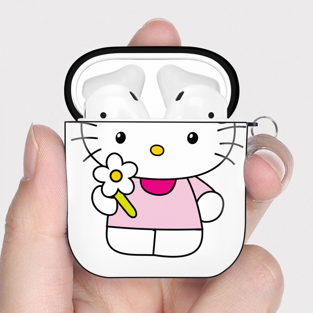 （画像用） Hello Kitty ハローキティ AirPods 第2世代保護ケース ハードシェル ブラック 耐衝撃・防指紋・カラビナ付き