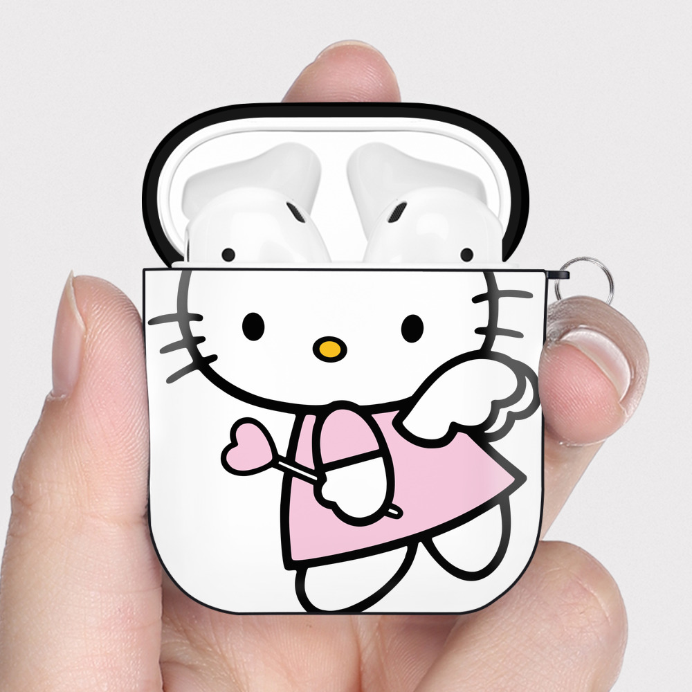 （画像用） Hello Kitty ハローキティ AirPods 第2世代保護ケース ハードシェル ブラック 耐衝撃・防指紋・カラビナ付き
