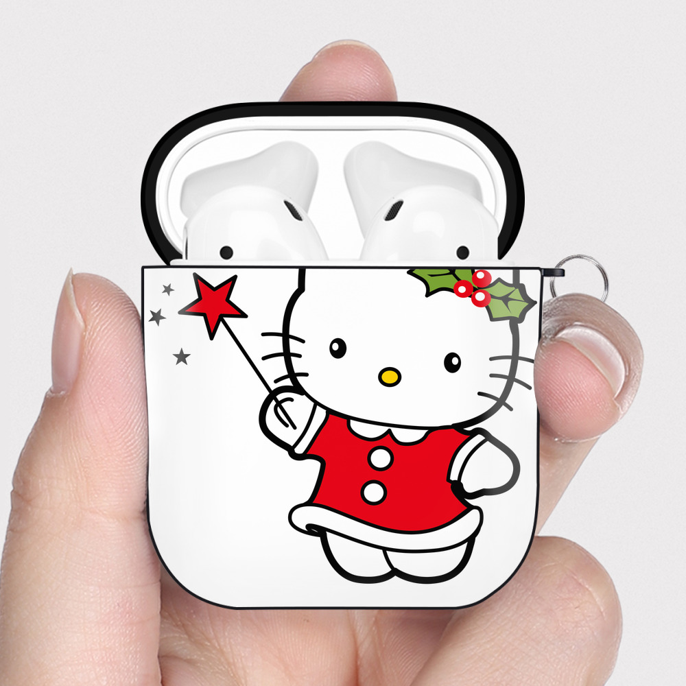 （画像用） Hello Kitty ハローキティ AirPods 第2世代保護ケース ハードシェル ブラック 耐衝撃・防指紋・カラビナ付き