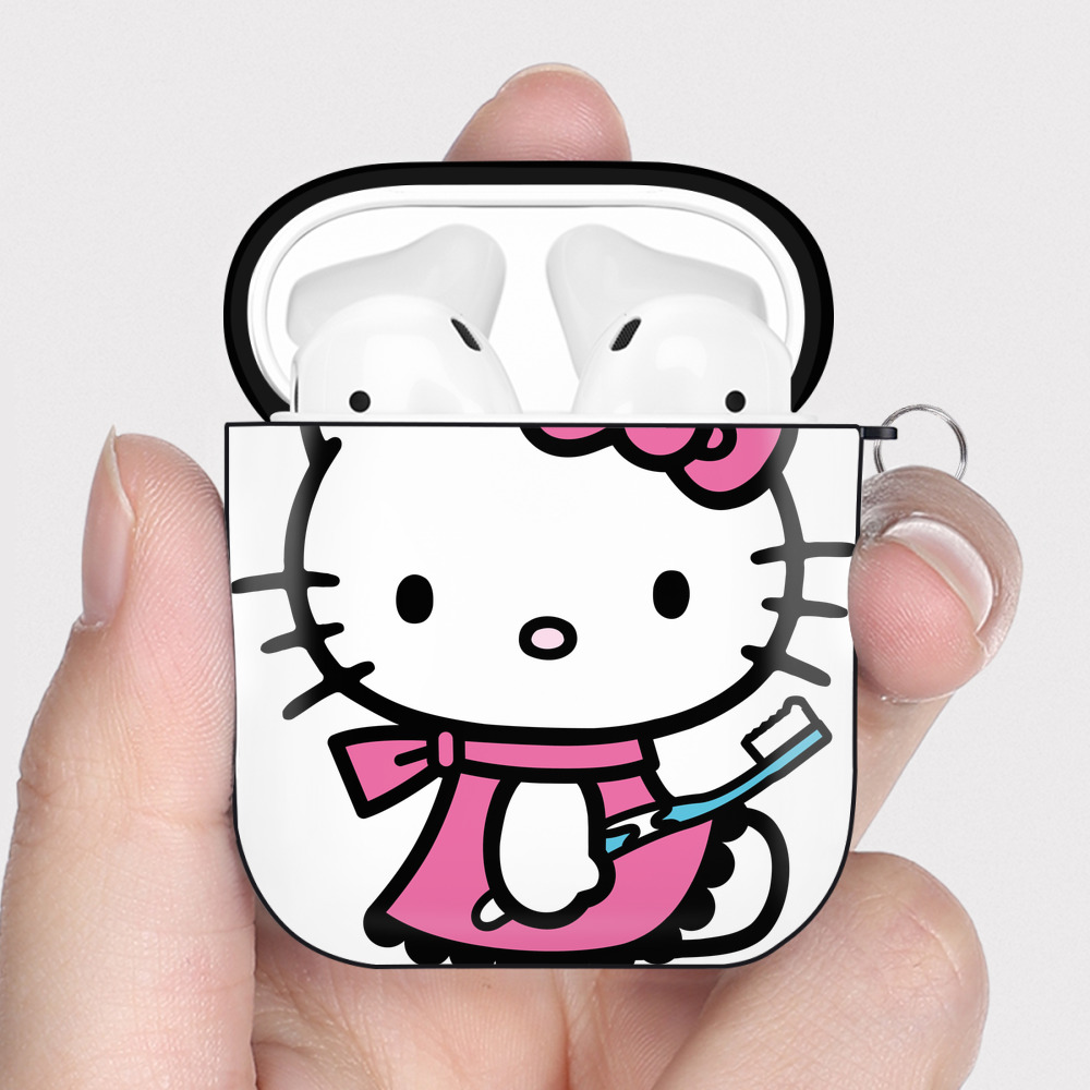 （画像用） Hello Kitty ハローキティ AirPods 第2世代保護ケース ハードシェル ブラック 耐衝撃・防指紋・カラビナ付き