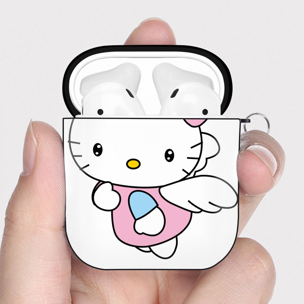 （画像用） Hello Kitty ハローキティ AirPods 第2世代保護ケース ハードシェル ブラック 耐衝撃・防指紋・カラビナ付き