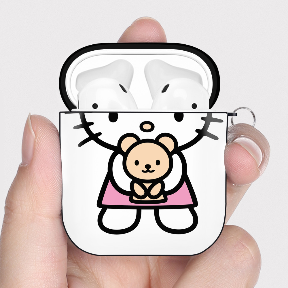 （画像用） Hello Kitty ハローキティ AirPods 第2世代保護ケース ハードシェル ブラック 耐衝撃・防指紋・カラビナ付き