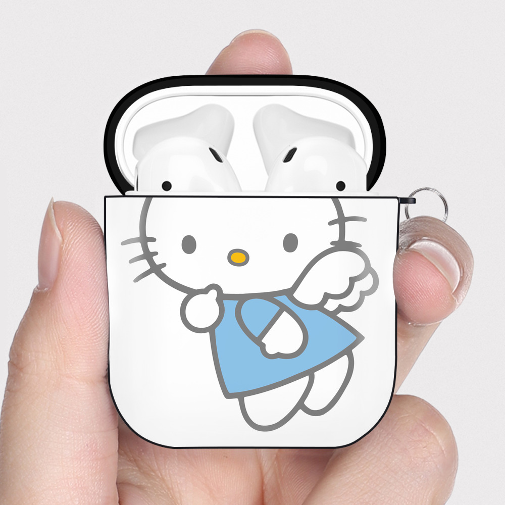 （画像用） Hello Kitty ハローキティ AirPods 第2世代保護ケース ハードシェル ブラック 耐衝撃・防指紋・カラビナ付き
