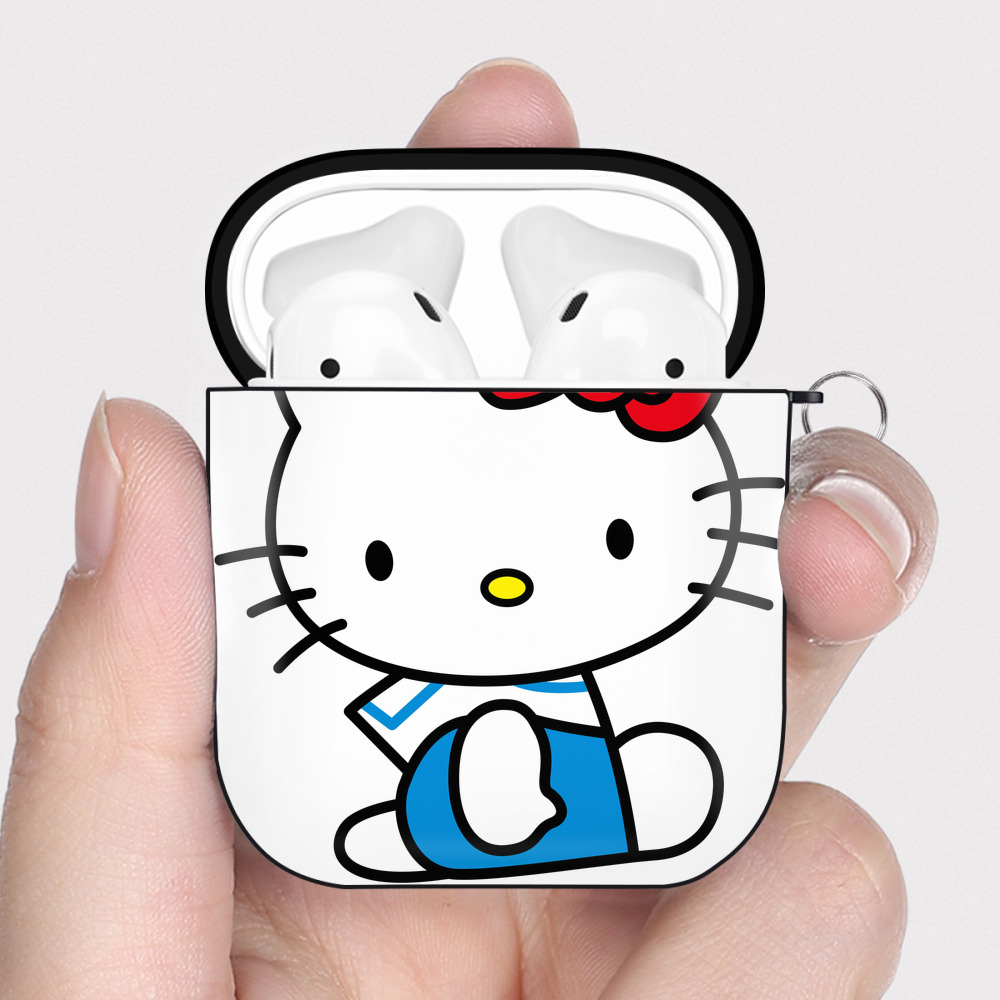 （画像用） Hello Kitty ハローキティ AirPods 第2世代保護ケース ハードシェル ブラック 耐衝撃・防指紋・カラビナ付き