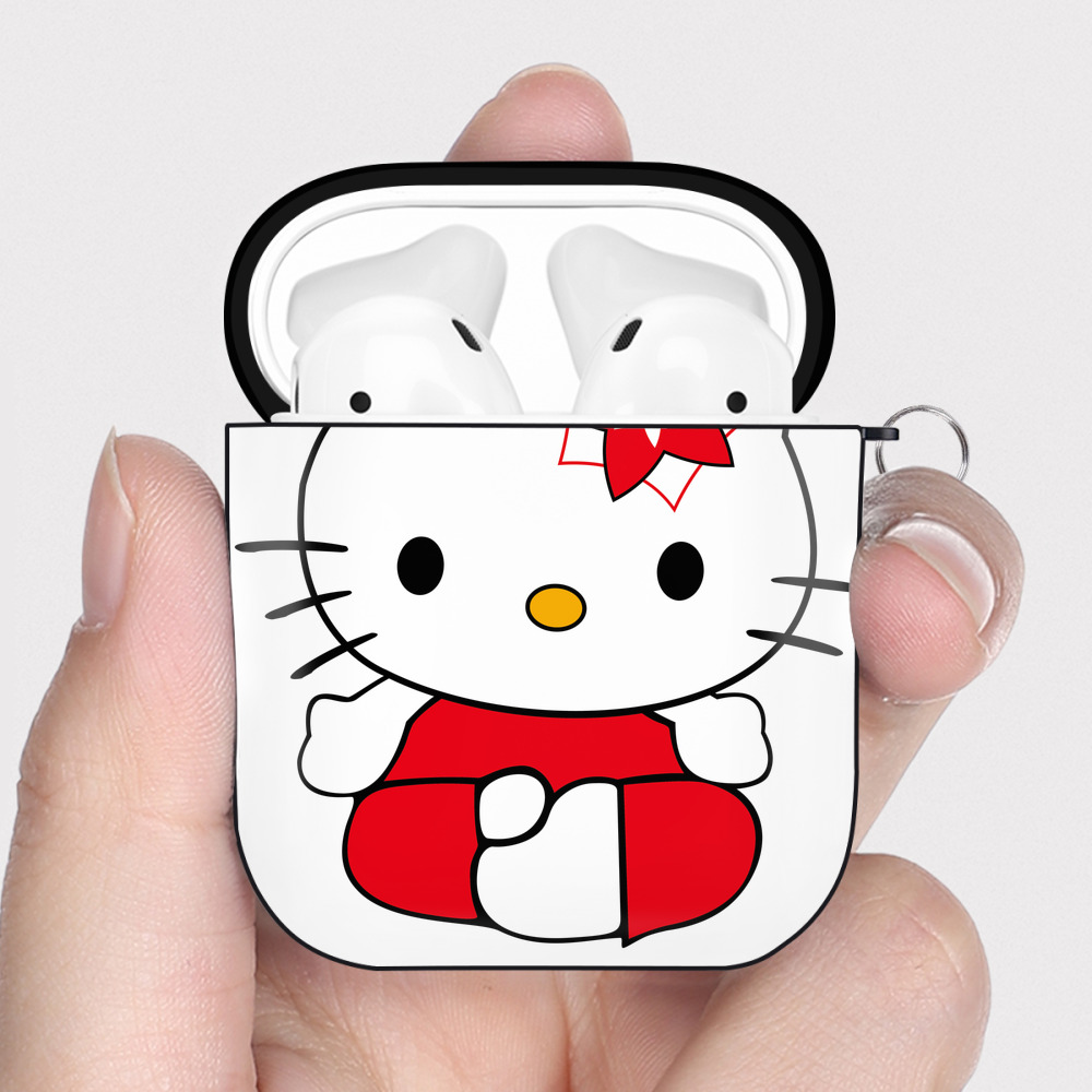 （画像用） Hello Kitty ハローキティ AirPods 第2世代保護ケース ハードシェル ブラック 耐衝撃・防指紋・カラビナ付き